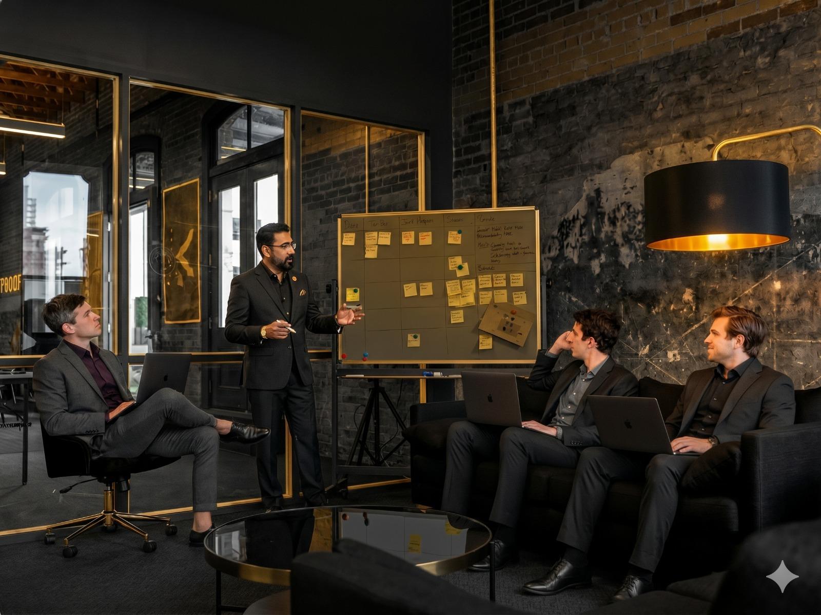 KOMBAN consultants leading a strategy discussion in a modern office