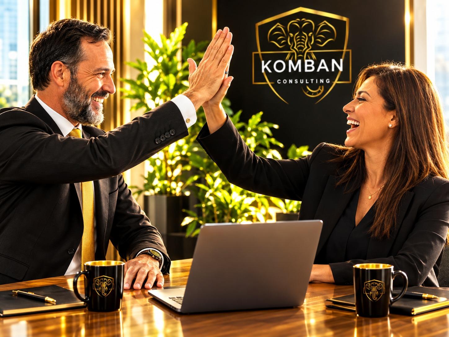 KOMBAN Consulting professionals celebrating a successful collaboration in a branded office